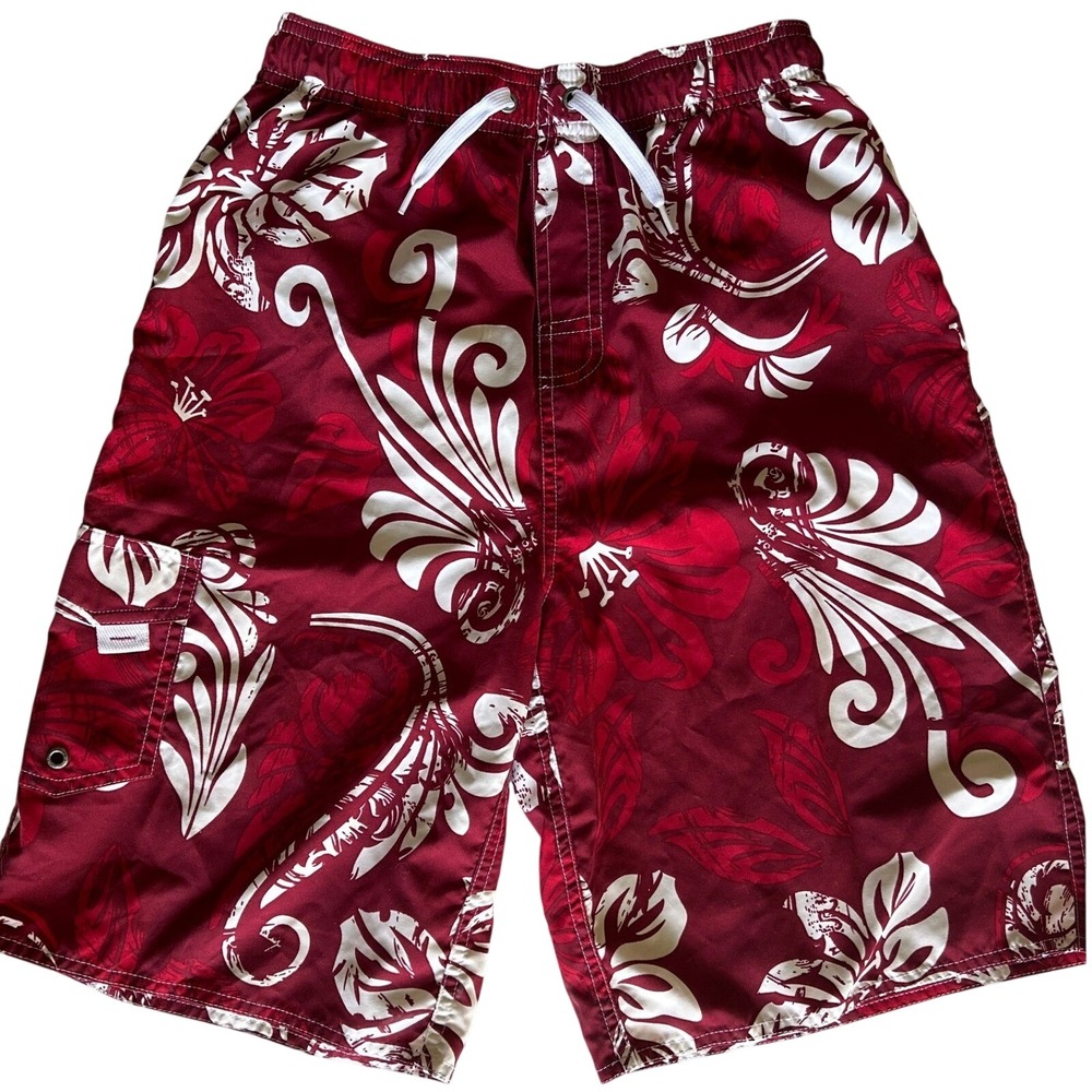 First Wave Boys Burgundy Red Hibiscus Floral Swim Trunksβ Board Shorts Size 16